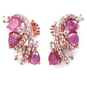 Rose gold/925 genuine pink ruby, sapphire and zircon stud earrings NEW